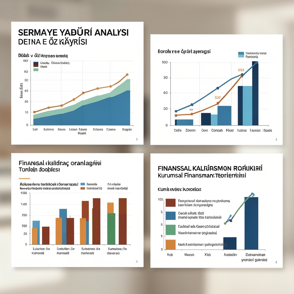 Sermaye yapısı analizi: borç ve öz kaynak dengesi grafikleri, finansal kaldıraç oranları ve kurumsal finansman teorilerini gösteren akademik sunum slaytları