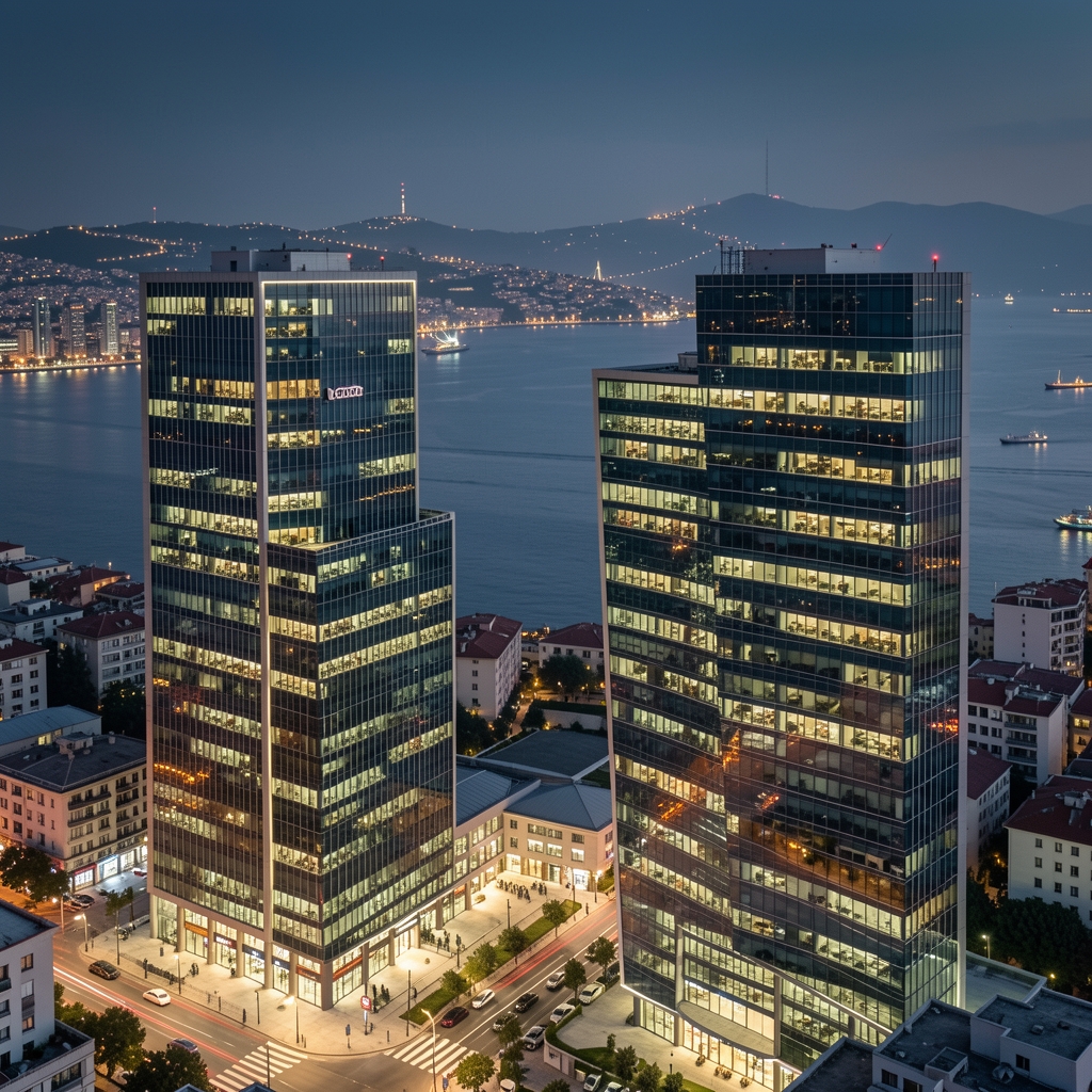 İstanbul finans merkezi: cam cepheli modern ofis binaları, gece ışıkları ve Boğaz manzarasıyla Türkiye'nin ekonomik merkezi Levent iş bölgesi